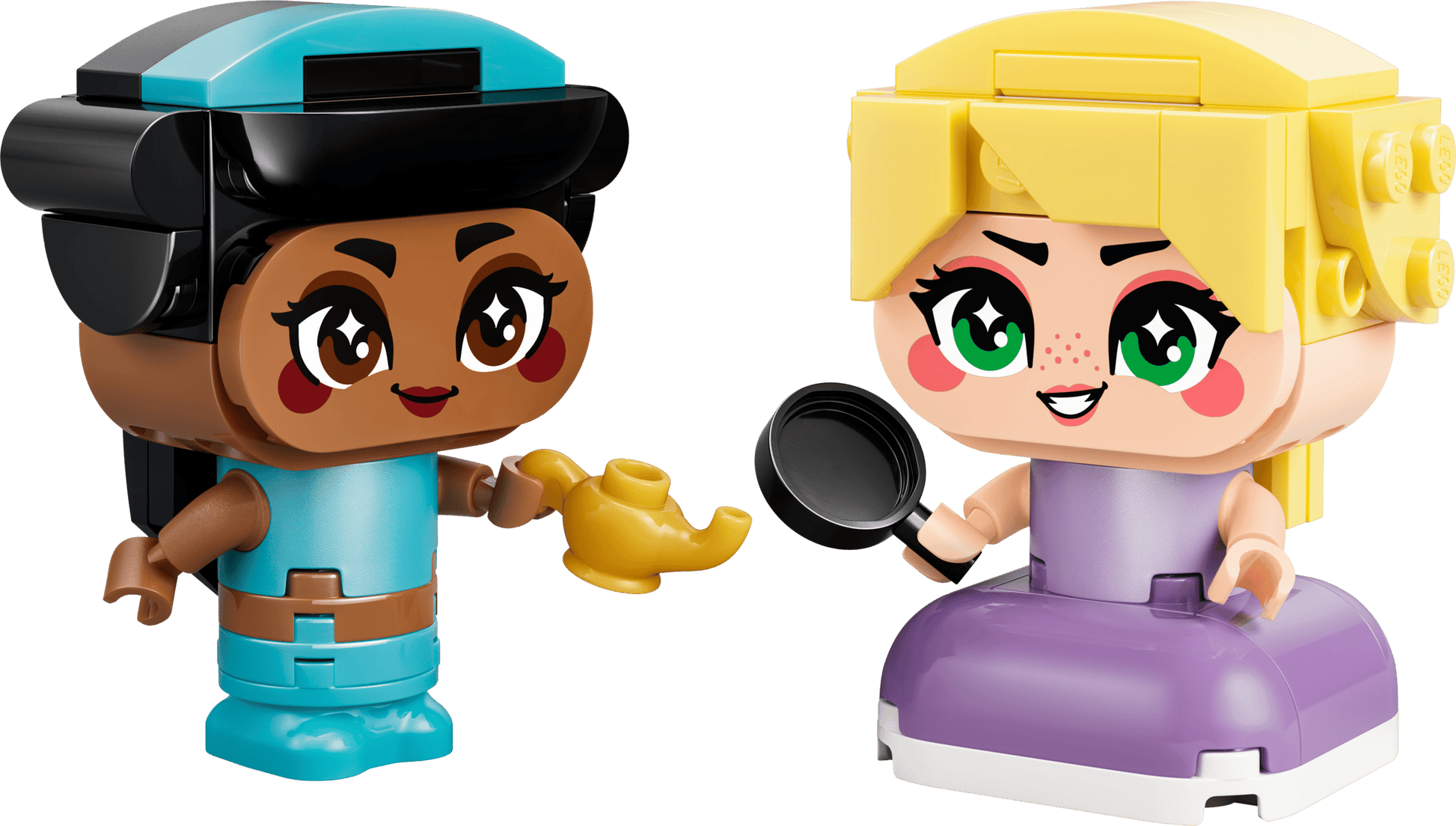 LEGO® Disney™ Mini Jasmine & Rapunzel by Legos - Toyhouse features two block-style figures with big eyes, one with a lamp and the other a frying pan—perfect for creative building playset adventures.