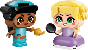 LEGO® Disney™ Mini Jasmine & Rapunzel by Legos - Toyhouse features two block-style figures with big eyes, one with a lamp and the other a frying pan—perfect for creative building playset adventures.