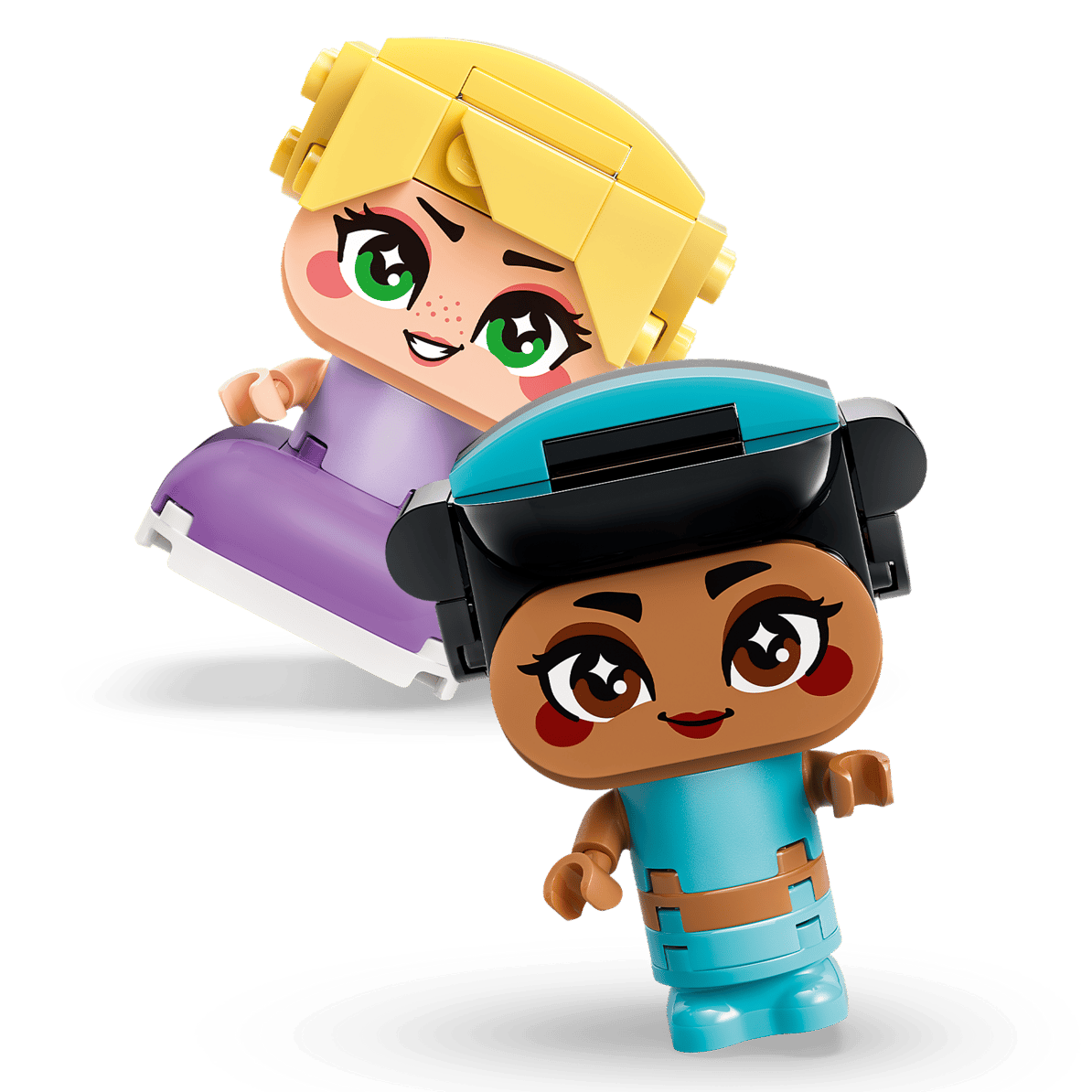 The LEGO® Disney™ Mini Jasmine & Rapunzel set by Legos - Toyhouse includes block figures of Jasmine in a blue outfit with black hair and Rapunzel in a purple dress with yellow hair, both featuring large heads and expressive eyes.