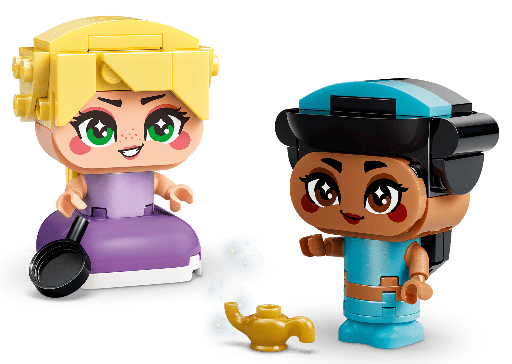 The LEGO® Disney™ Mini Jasmine & Rapunzel set by Legos - Toyhouse features two big-eyed figures—Jasmine in blue with a magic lamp, and Rapunzel in purple holding a pan—perfect for imaginative building play on a white background.