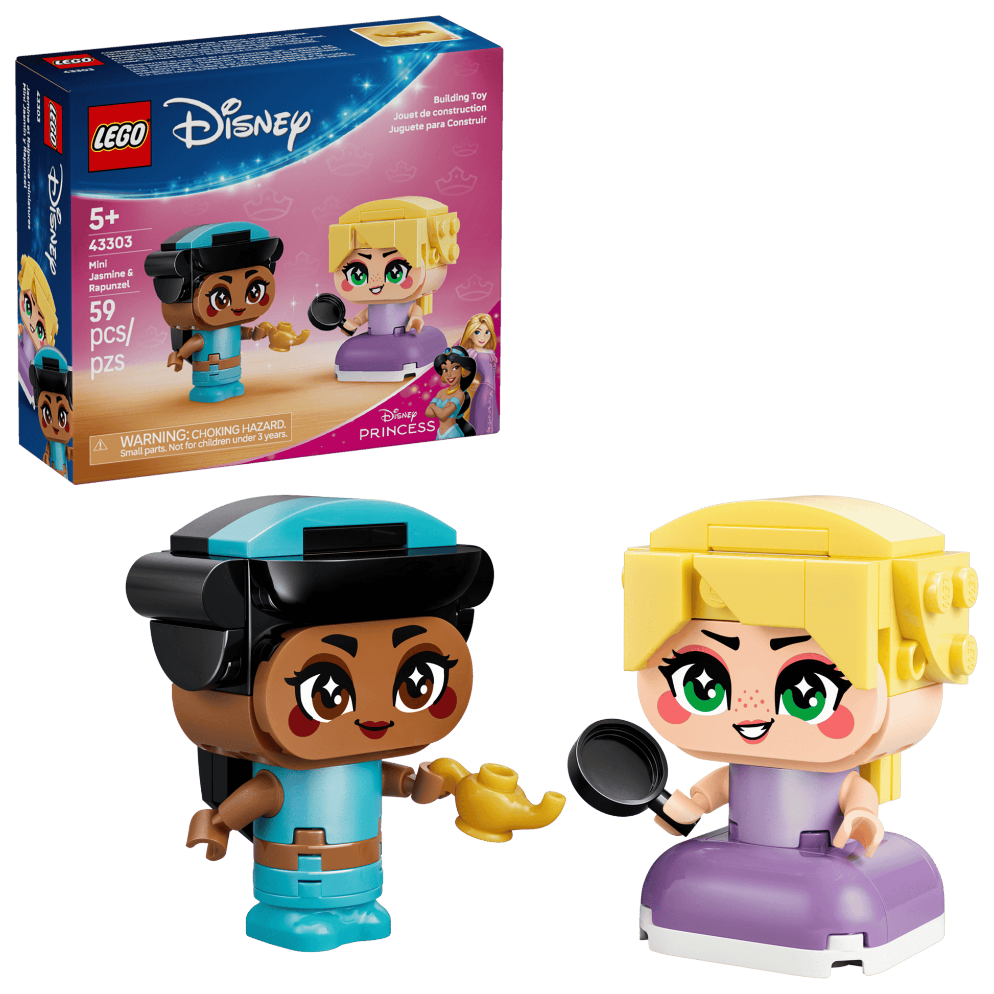 LEGO® Disney™ Mini Jasmine & Rapunzel by Legos - Toyhouse features toy figures and accessories in a 59-piece building set, ideal for ages 5+. Comes complete with packaging.