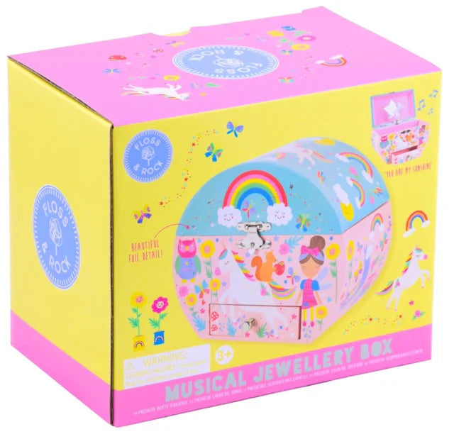 A colorful box labeled "Rainbow Fairy Oval Shape Jewelry Box" by Floss and Rock features whimsical packaging with unicorns, rainbows, and fairies.