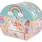 The Floss and Rock Rainbow Fairy Oval Shape Jewelry Box features a pastel dome design with unicorns, fairies, and woodland animals, plus a latch and a bottom drawer for storing treasures.