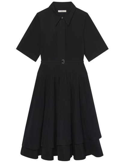The CO Short Sleeve Belted Dress is a black cotton poplin shirt dress with a collared neckline, button front, belted waist, and tiered chic midi skirt.
