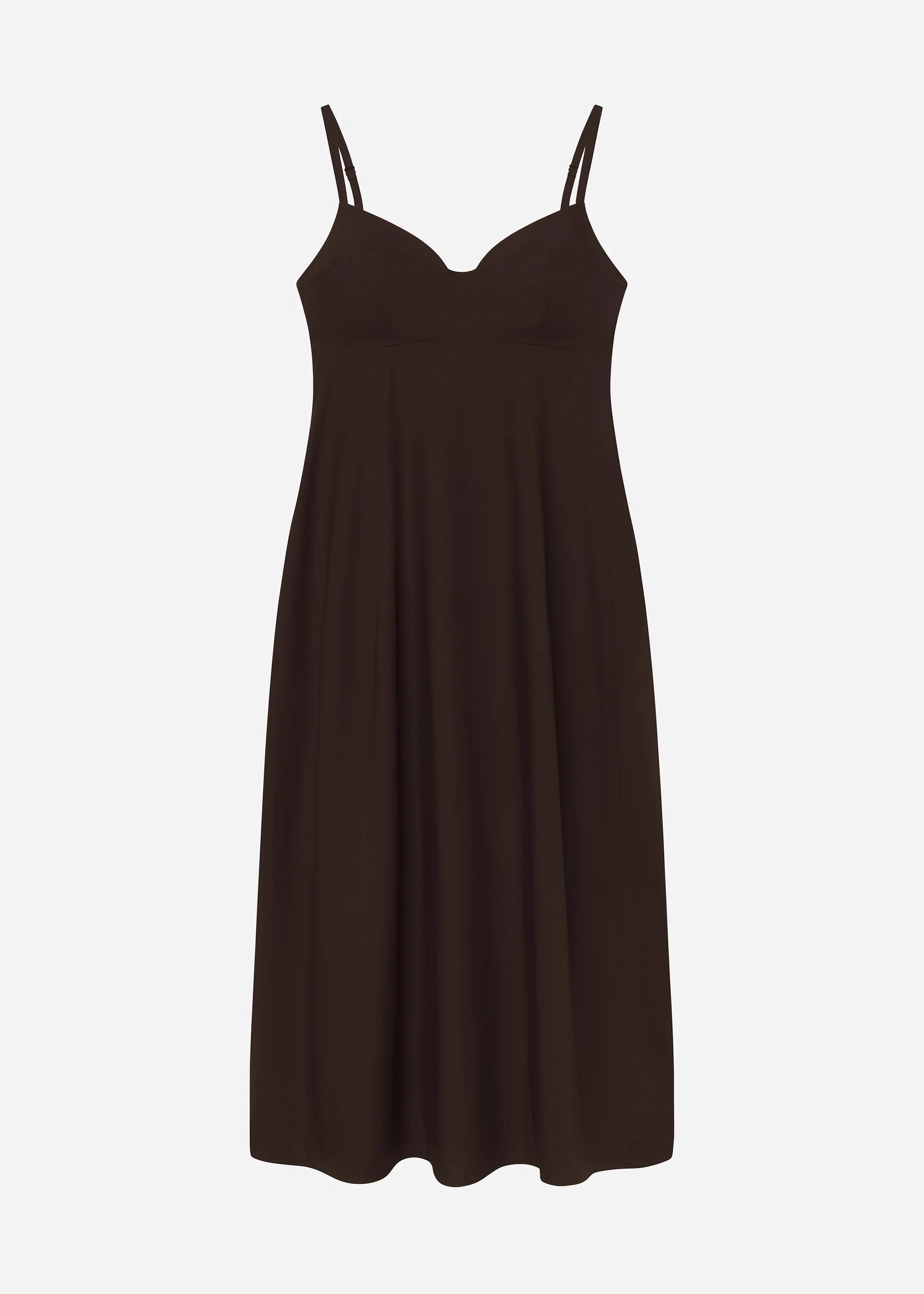 The CO Bustier Cut Dress is a sleeveless, black cotton poplin midi dress with thin straps and a fitted bodice, shown on a plain white background.
