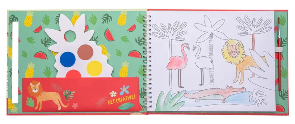 Children's Floss & Rock My Painting Pad, Jungle open on a page featuring eco-friendly paint with stencils on the left and coloring outlines of a flamingo and a lion on the right.