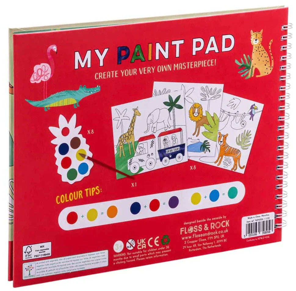 Floss & Rock My Painting Pad, Jungle by Floss and Rock, with colorful animal illustrations, pineapple-shaped paint palettes, and instructions for creating eco-friendly art.