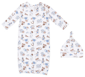 The Angel Dear Baby Boys’ Lap Shoulder Gown and Knotted Hat set features a cozy, white bamboo gown with long sleeves and a matching knotted hat, both adorned with a charming brown and blue cowboy-themed pattern of boots, hats, and horses. Gentle on delicate skin, this set combines comfort with adorable Western-inspired style.