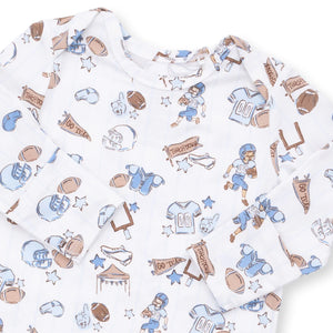 Angel Dear Baby Boys’ Lap Shoulder Gown and Knotted Hat features white bamboo fabric adorned with playful football-themed illustrations—players, helmets, jerseys, footballs, foam fingers, goalposts, stars, shoes, and “Go Team” banners in blue and brown hues. The lap shoulder gown design ensures easy changes and comes paired with a matching knotted hat for extra comfort.