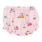 The Angel Dear Baby Girls' Muslin Ruffle Top & Bloomer set features pink bloomers with an elastic waist and leg openings, adorned with playful cars, trees, and flags—perfect for your baby’s comfy everyday style.