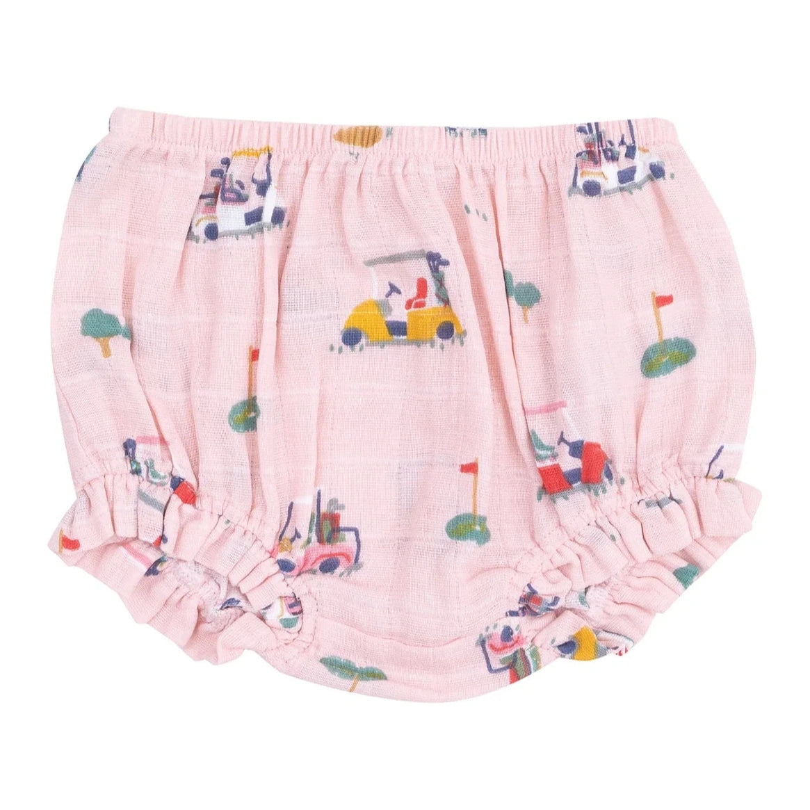 The Angel Dear Baby Girls' Muslin Ruffle Top & Bloomer set features pink bloomers with an elastic waist and leg openings, adorned with playful cars, trees, and flags—perfect for your baby’s comfy everyday style.