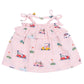 The Angel Dear Baby Girls' Muslin Ruffle Top & Bloomer set features a pink ruffle top with shoulder ties, a ruffled neckline, and a fun print of colorful cars, trees, and flags—keeping your little one comfy all day.