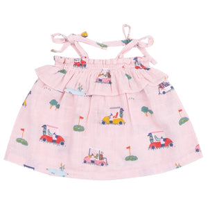 The Angel Dear Baby Girls' Muslin Ruffle Top & Bloomer set features a pink ruffle top with shoulder ties, a ruffled neckline, and a fun print of colorful cars, trees, and flags—keeping your little one comfy all day.