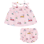 The Angel Dear Baby Girls' Muslin Ruffle Top & Bloomer set features a comfy sleeveless ruffle top with shoulder ties and matching bloomers, both adorned with a colorful car and animal print pattern.