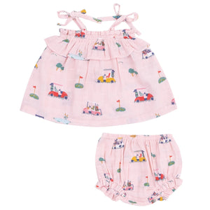 The Angel Dear Baby Girls' Muslin Ruffle Top & Bloomer set features a comfy sleeveless ruffle top with shoulder ties and matching bloomers, both adorned with a colorful car and animal print pattern.