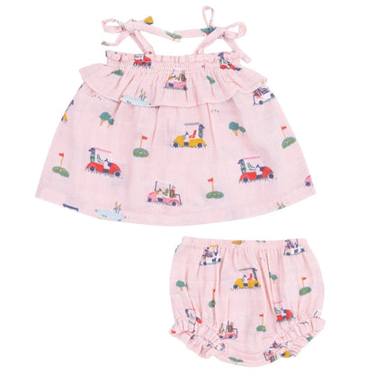 The Angel Dear Baby Girls' Muslin Ruffle Top & Bloomer set features a comfy sleeveless ruffle top with shoulder ties and matching bloomers, both adorned with a colorful car and animal print pattern.