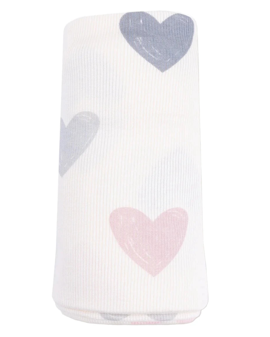 The Angel Dear Swaddle Blanket is a white baby swaddle with a pink and gray heart pattern.