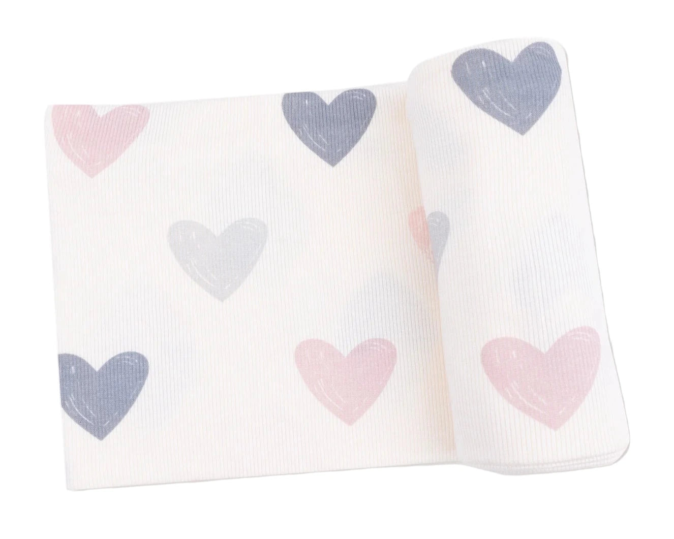 The Angel Dear Swaddle Blanket is a white ribbed modal swaddle with pink and gray heart patterns, shown partially rolled up.