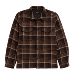 AG Jeans Grant Overshirt in a brown and tan plaid pattern with long sleeves, a button-up front, and two chest pockets.