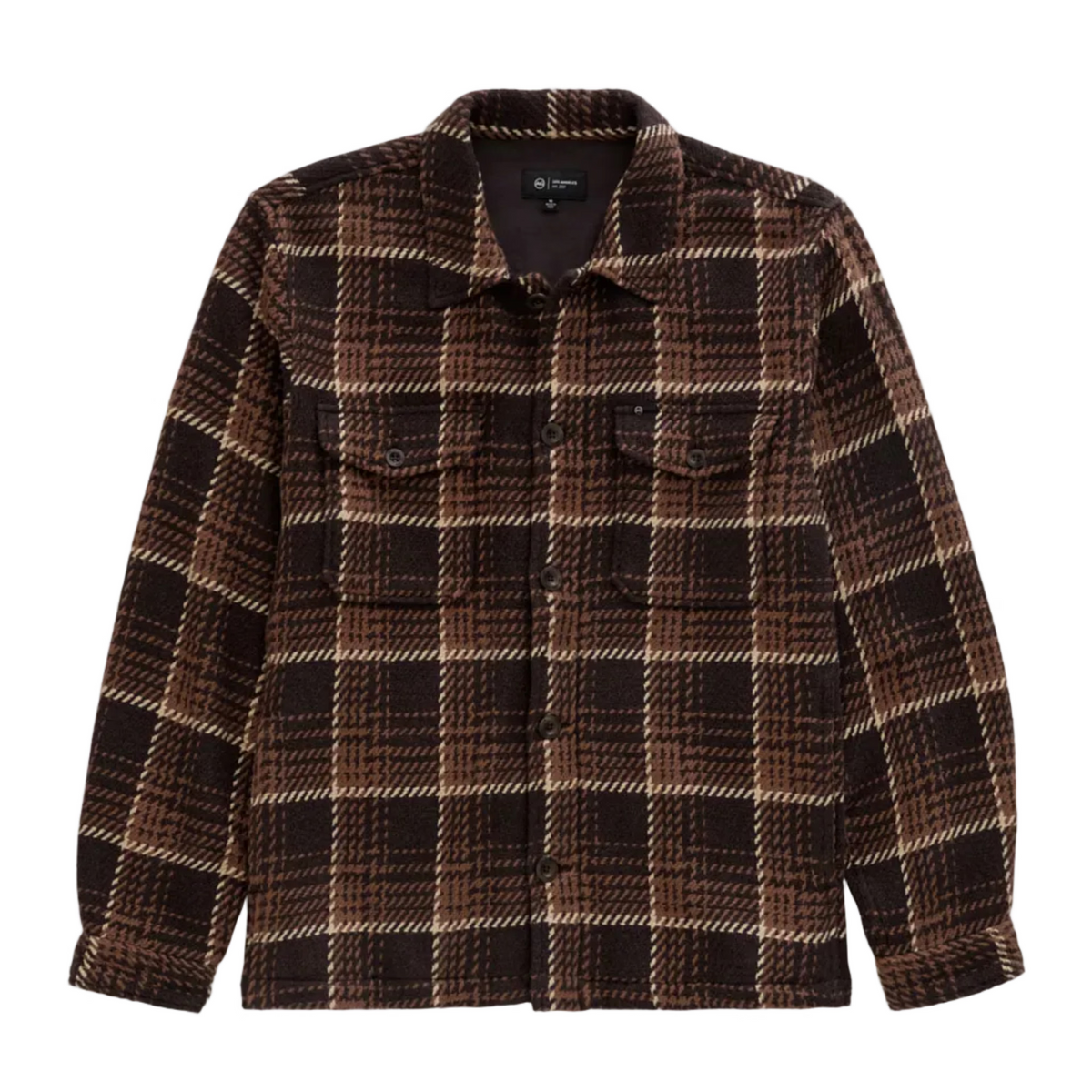 AG Jeans Grant Overshirt in a brown and tan plaid pattern with long sleeves, a button-up front, and two chest pockets.