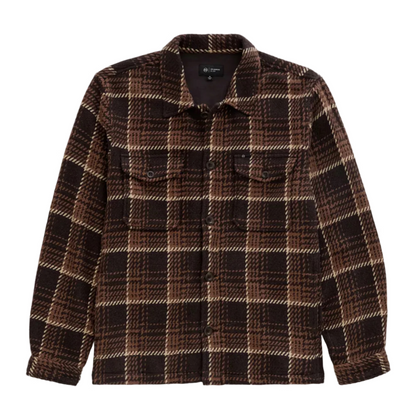 AG Jeans Grant Overshirt in a brown and tan plaid pattern with long sleeves, a button-up front, and two chest pockets.