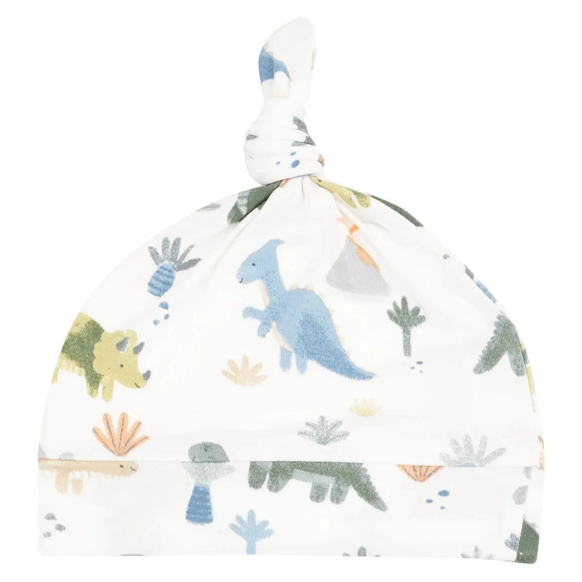 The Angel Dear Baby Knotted Hat is crafted from soft, stretchy fabric and features a colorful dinosaur and plant print in blue, green, yellow, and orange. Pairs perfectly with our coordinating Knotted Gown.