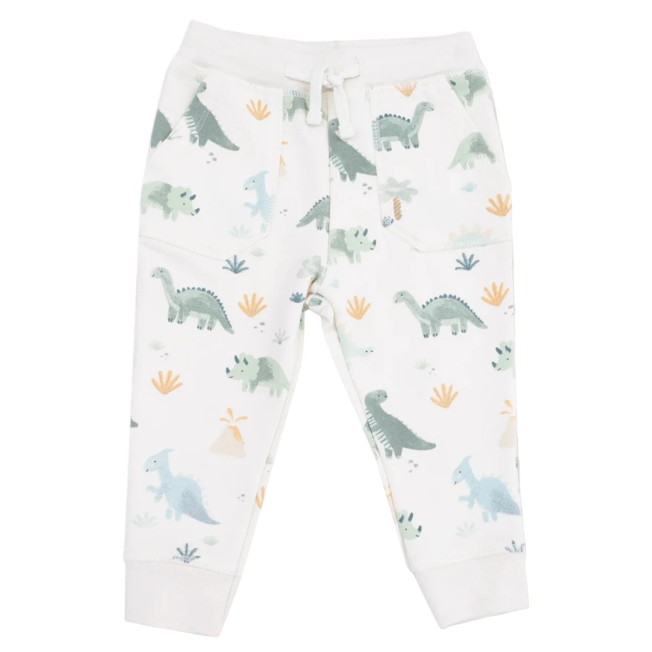 White baby pants with elastic waistband and drawstring, featuring colorful dinosaur and plant prints in green, blue, and yellow—perfect to pair with the Angel Dear French Terry Zip Hoodie and Jogger Set for a cozy look.