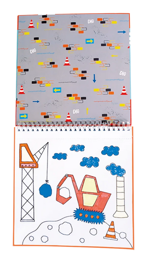 The Floss and Rock Magic Colouring Fun - Construction notebook features a spiral-bound cover with cranes, excavators, cones, and clouds—ideal for magic colouring-in pens or invisible ink to inspire extra creative fun.