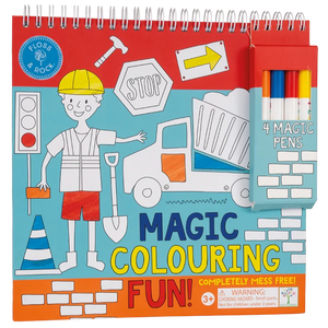 Floss and Rock’s "Magic Colouring Fun - Construction" is a spiral-bound colouring book for ages 3+, featuring construction designs and four magic pens in a case attached to the front cover.
