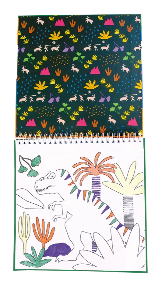 The Floss and Rock Magic Colouring Fun - Dinosaur is an open spiral-bound coloring book with magic colouring-in effects, featuring dinosaur and plant designs, plus a patterned cover with colorful dinosaurs and plants.