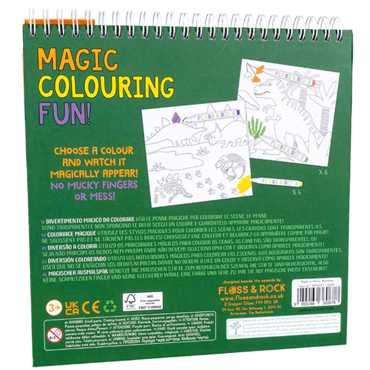 Back cover of Floss and Rock's Magic Colouring Fun - Dinosaur, a spiral-bound magic colouring-in book with Dino-themed pages and product details in several languages.