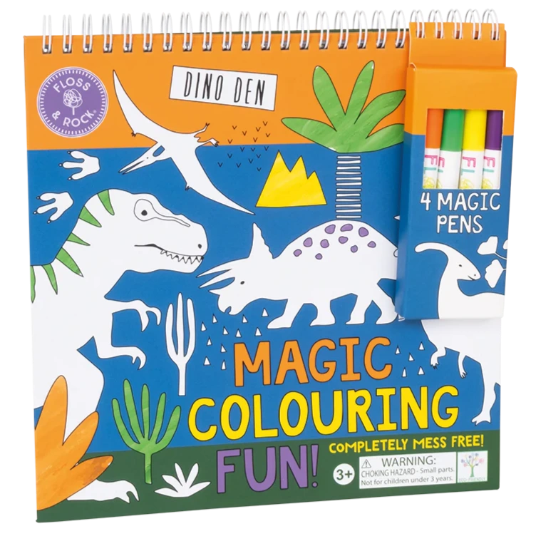 The Floss and Rock "Magic Colouring Fun - Dinosaur" is a spiral-bound book featuring dinosaur illustrations and includes four magic colouring-in pens on the cover.