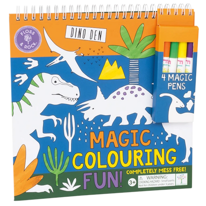The Floss and Rock "Magic Colouring Fun - Dinosaur" is a spiral-bound book featuring dinosaur illustrations and includes four magic colouring-in pens on the cover.