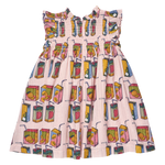 Meet the Girls' Stevie Dress by Pink Chicken, perfect for back-to-school! This pink children's dress features ruffled sleeves and an allover juice boxes print with playful fruit illustrations and straws.