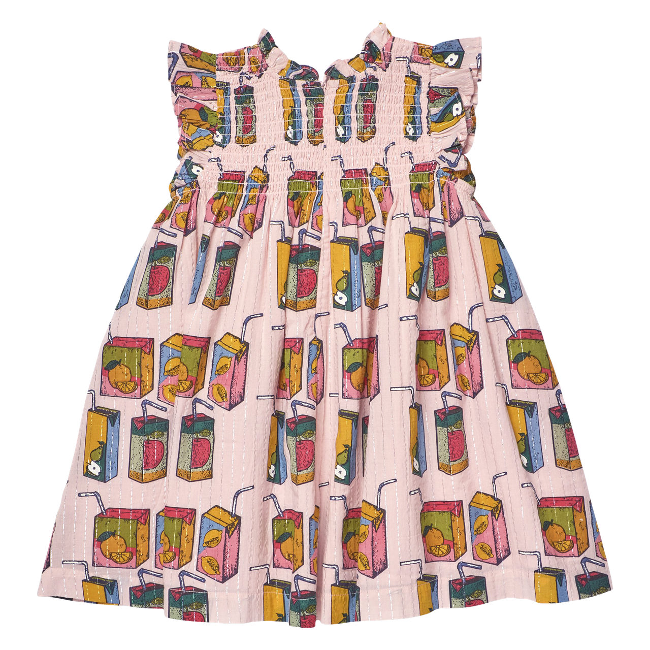Meet the Girls' Stevie Dress by Pink Chicken, perfect for back-to-school! This pink children's dress features ruffled sleeves and an allover juice boxes print with playful fruit illustrations and straws.