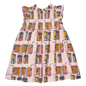 Meet the Girls' Stevie Dress by Pink Chicken, perfect for back-to-school! This pink children's dress features ruffled sleeves and an allover juice boxes print with playful fruit illustrations and straws.