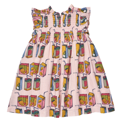Meet the Girls' Stevie Dress by Pink Chicken, perfect for back-to-school! This pink children's dress features ruffled sleeves and an allover juice boxes print with playful fruit illustrations and straws.