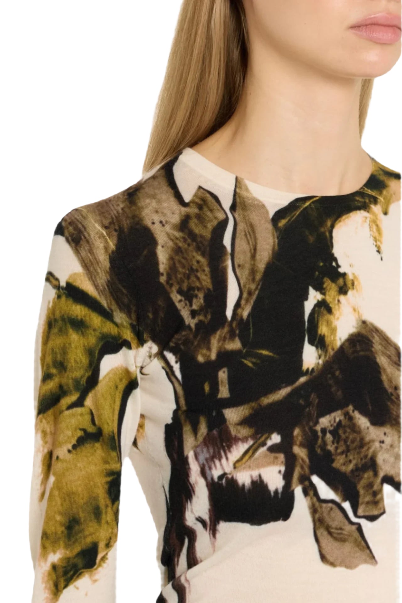 A person wearing the Jason Wu Collection Merino Wool Crewneck Sweater showcases its abstract green and brown brushstroke print, focusing on the upper body and part of the face in this unique piece from the Jason Wu Collection knitwear line.