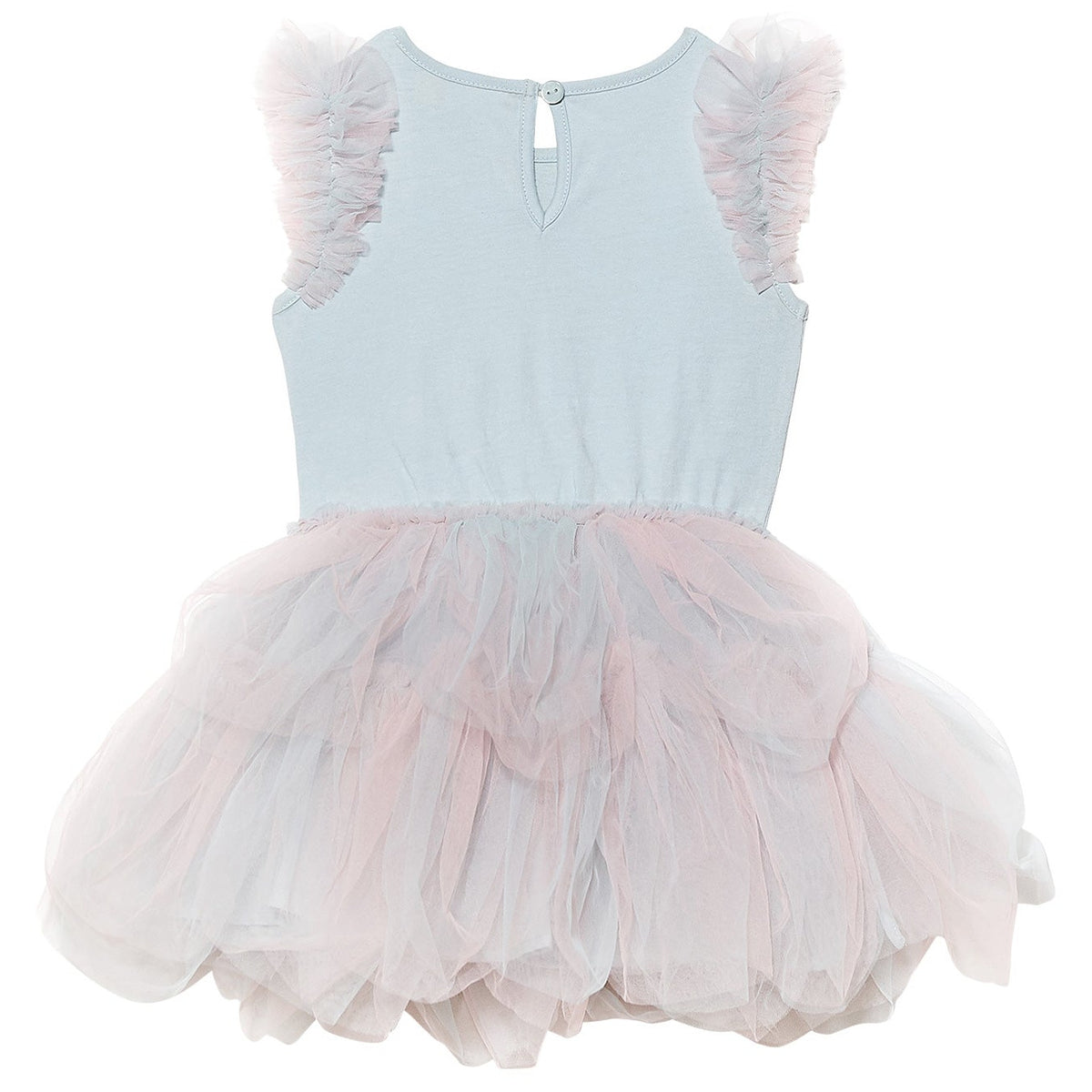The Baby Girls’ Bebe Mermaid Magic Tutu Dress by Tutu du Monde is a light blue sleeveless dress with ruffled tulle skirt and shoulder accents, adorned with a delicate starfish motif, shown against a white background.