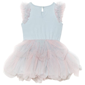 The Baby Girls’ Bebe Mermaid Magic Tutu Dress by Tutu du Monde is a light blue sleeveless dress with ruffled tulle skirt and shoulder accents, adorned with a delicate starfish motif, shown against a white background.