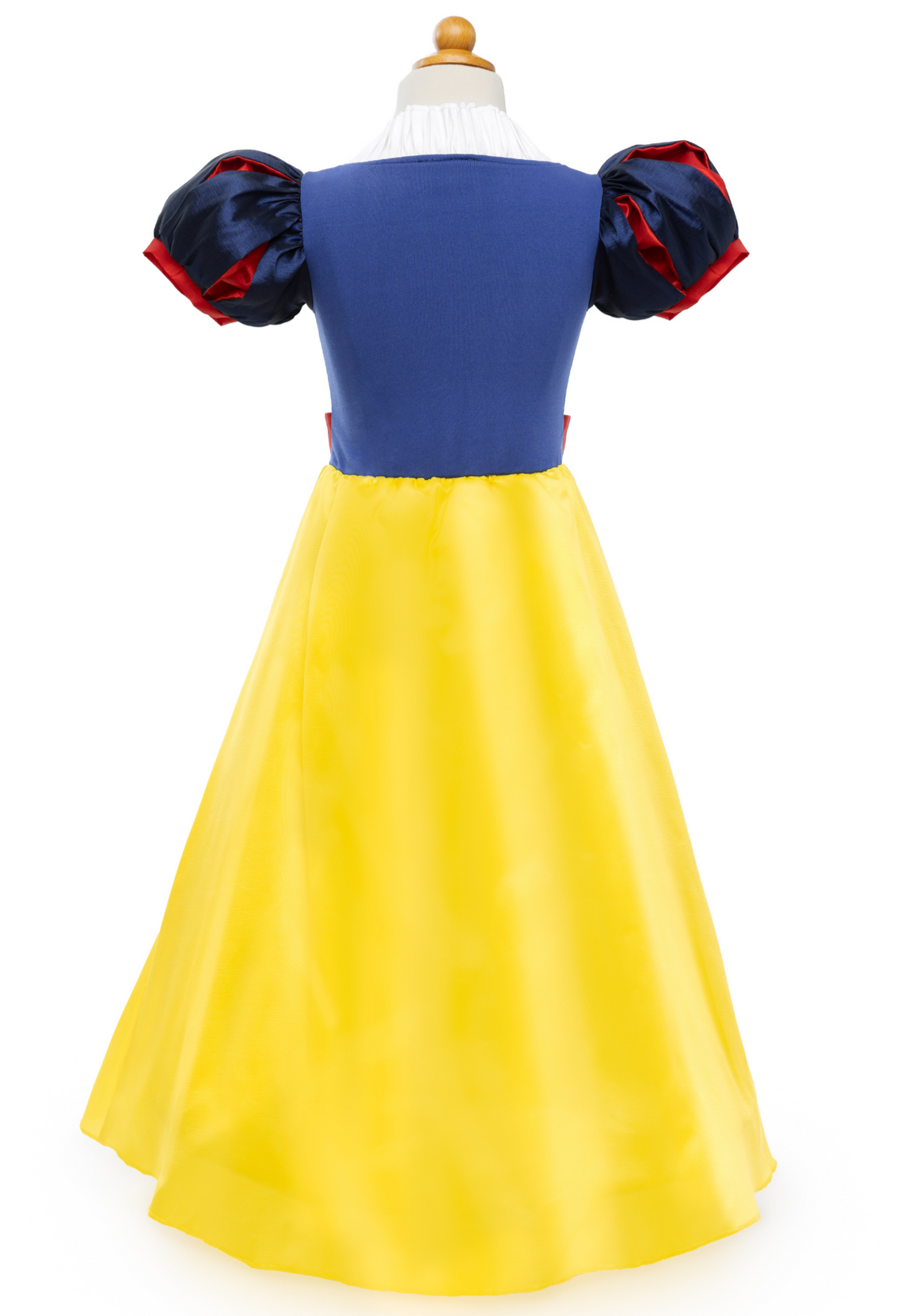 A blue and yellow Great Pretenders Boutique Princess Gown piece with puffy red and blue sleeves and a hoop skirt, displayed on a mannequin against a white background.