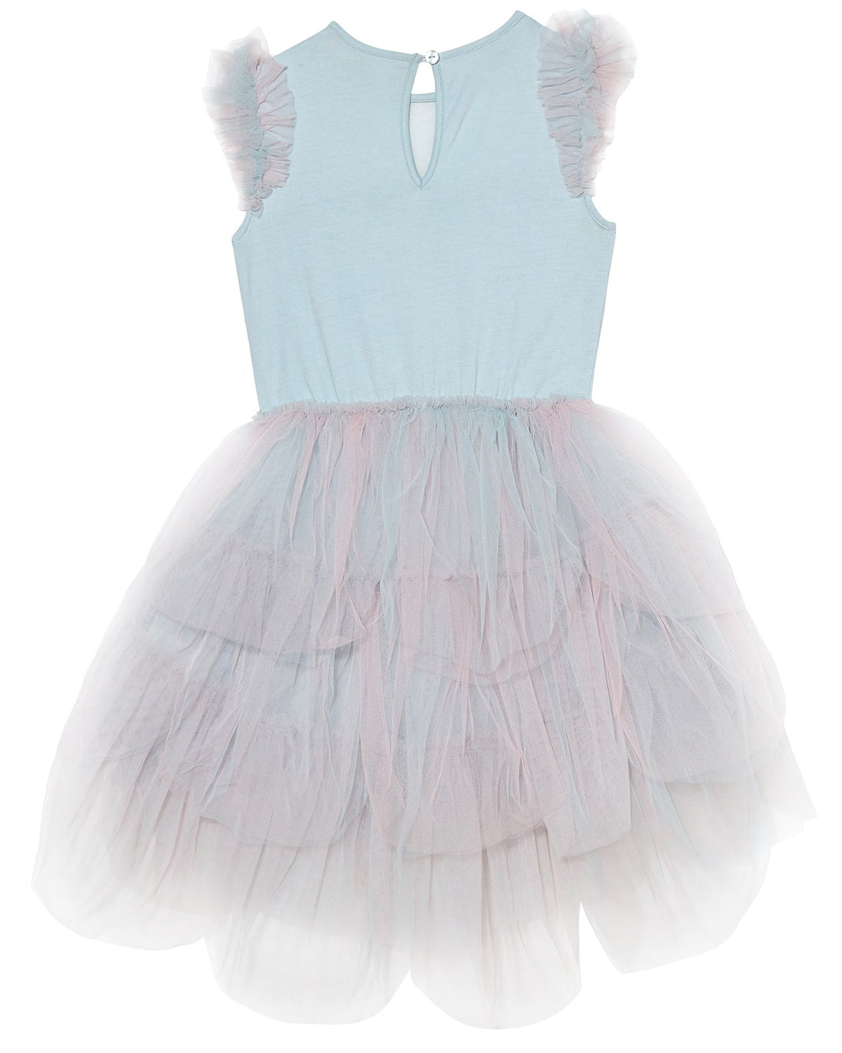 The Tutu du Monde Girls’ Mermaid Magic Tutu Dress features a light blue sleeveless design with ruffled tulle shoulders and a layered pastel tulle skirt, shown on a white background—perfect for creating a magical mermaid costume.