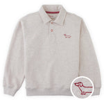 The Gingersnaps Boys’ Stefano Polo Pullover features a light gray French terry fabric with long sleeves, a collared neckline, red buttons, and a small red embroidered dachshund detail on the chest. An inset image provides a close-up view of the cozy pullover’s embroidery.