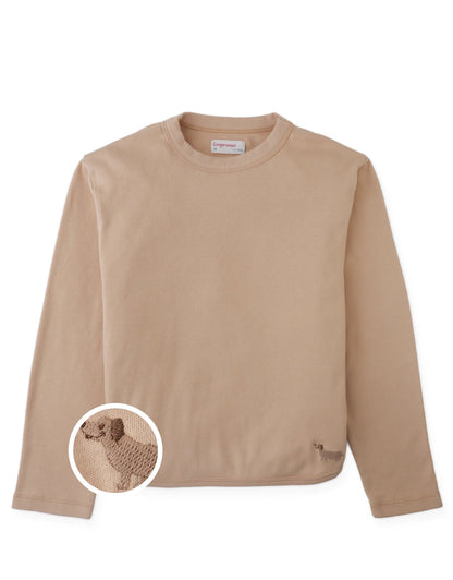 Gingersnaps Boys’ Teo Jersey Tee in beige features long sleeves, a classic crew neckline, and a stylish dachshund embroidery near the left bottom hem for an understated urban touch.