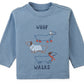 Gingersnaps Baby Boys’ Myron Graphic Tee is a blue long-sleeve shirt featuring a playful “WOOF WALKS” design with three illustrated dachshunds stacked vertically on the front.