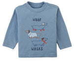 Gingersnaps Baby Boys’ Myron Graphic Tee is a blue long-sleeve shirt featuring a playful “WOOF WALKS” design with three illustrated dachshunds stacked vertically on the front.