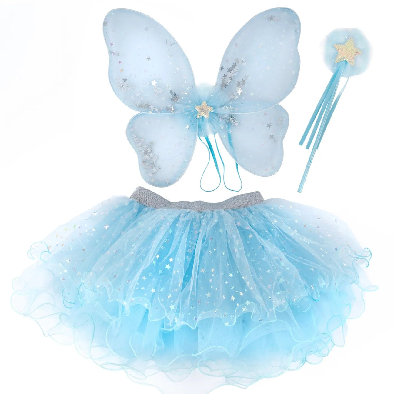The Great Pretenders Iridescent Celestial Fairy Wings, Tutu, and Wand set for ages 4–6 features a light blue design with delicate butterfly fairy wings, a celestial tutu skirt, and a star wand—all adorned with sparkling glitter accents and silver star details.
