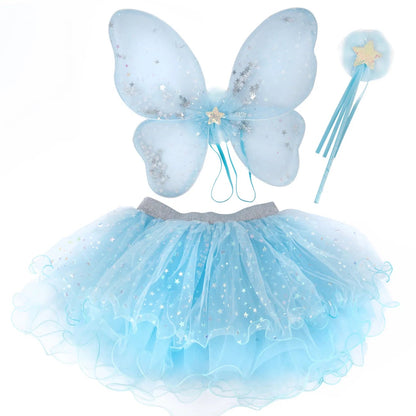 The Great Pretenders Iridescent Celestial Fairy Wings, Tutu, and Wand set for ages 4–6 features a light blue design with delicate butterfly fairy wings, a celestial tutu skirt, and a star wand—all adorned with sparkling glitter accents and silver star details.