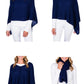 Four different pictures of a woman wearing a navy Alashan Cashmere Cashmere Dress Topper Poncho - the perfect wardrobe addition for day-to-night looks.