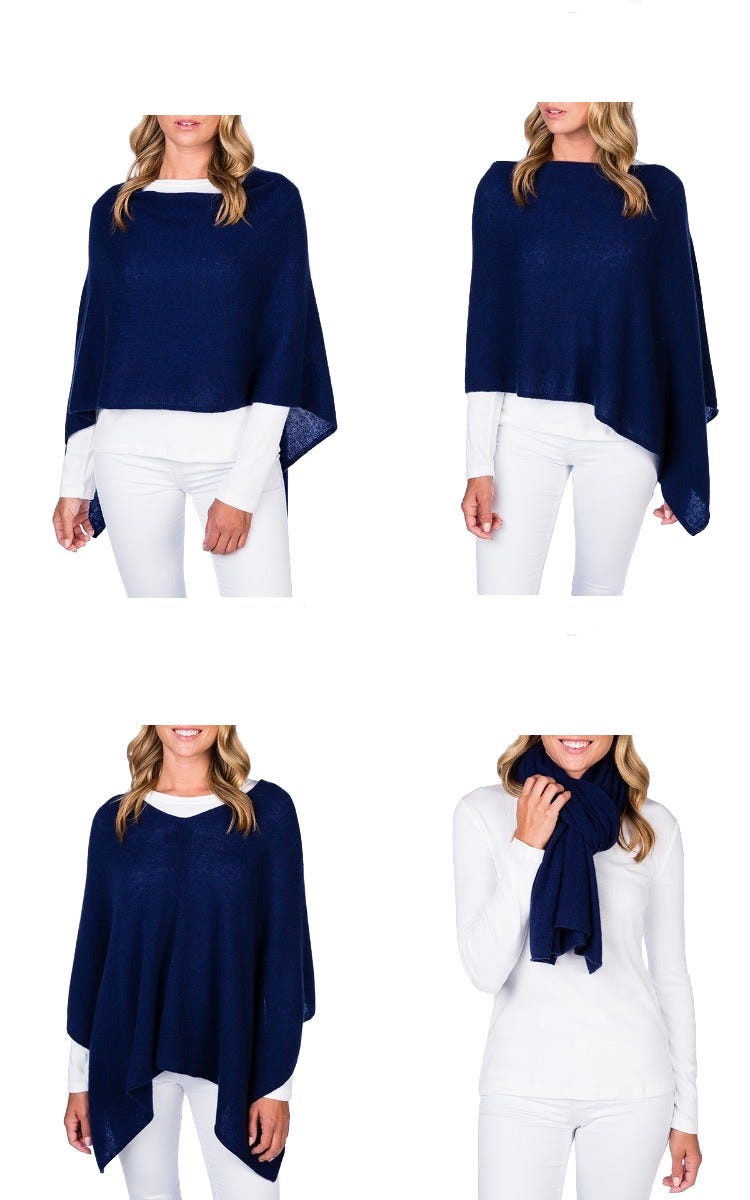 Four different pictures of a woman wearing a navy Alashan Cashmere Cashmere Dress Topper Poncho - the perfect wardrobe addition for day-to-night looks.